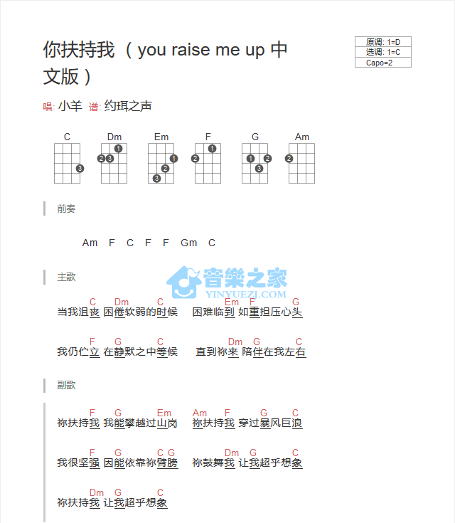 小羊《你扶持我》尤克里里弹唱谱-C大调音乐网