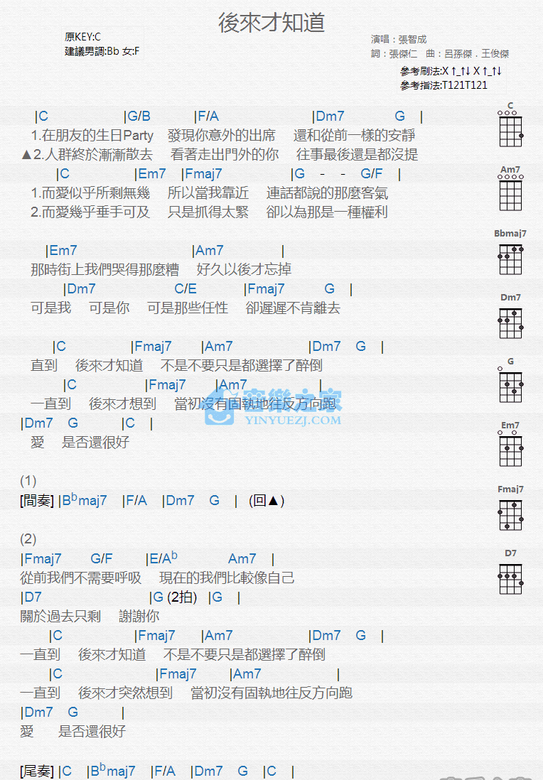 张智成《后来才知道》尤克里里弹唱谱-C大调音乐网