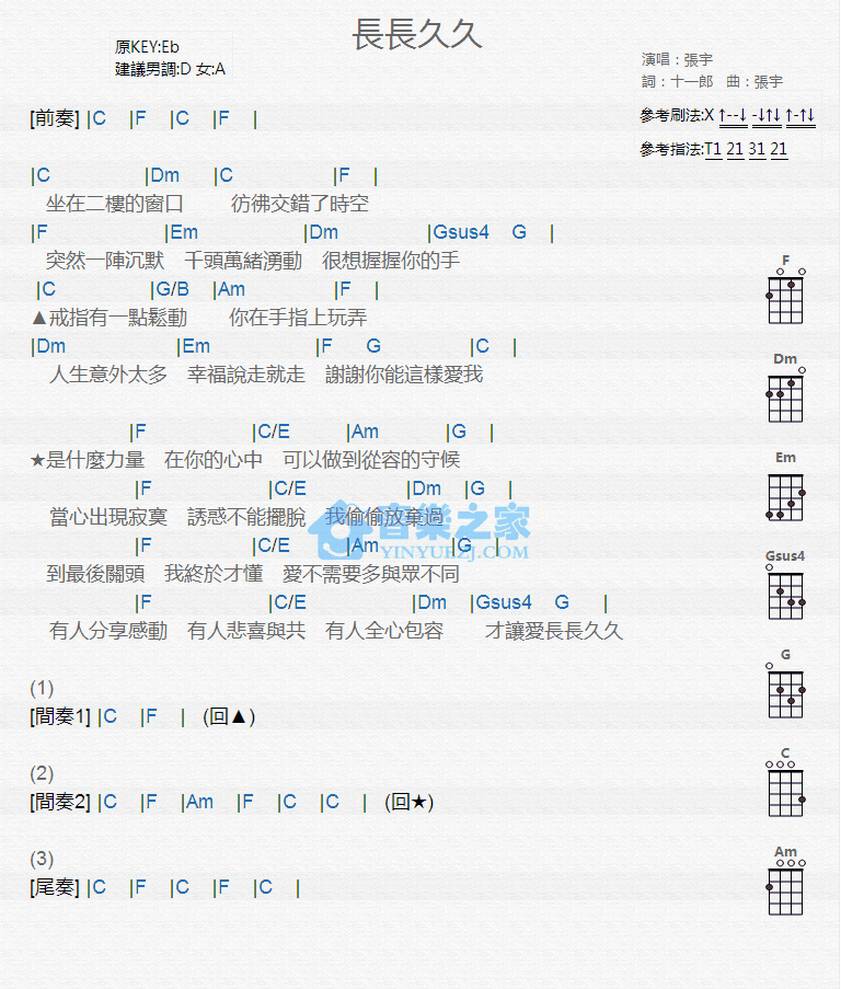张宇《长长久久》尤克里里弹唱谱-C大调音乐网