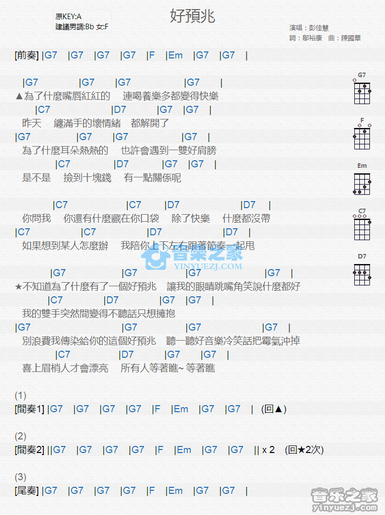 彭佳慧《好预兆》尤克里里弹唱谱-C大调音乐网