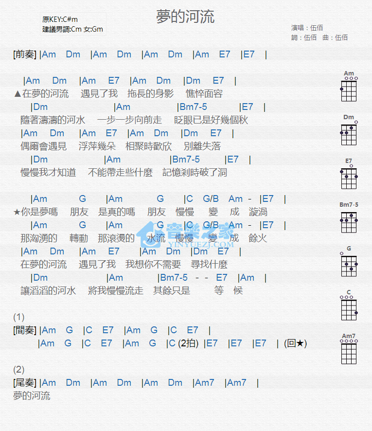 伍佰《梦的河流》尤克里里弹唱谱-C大调音乐网