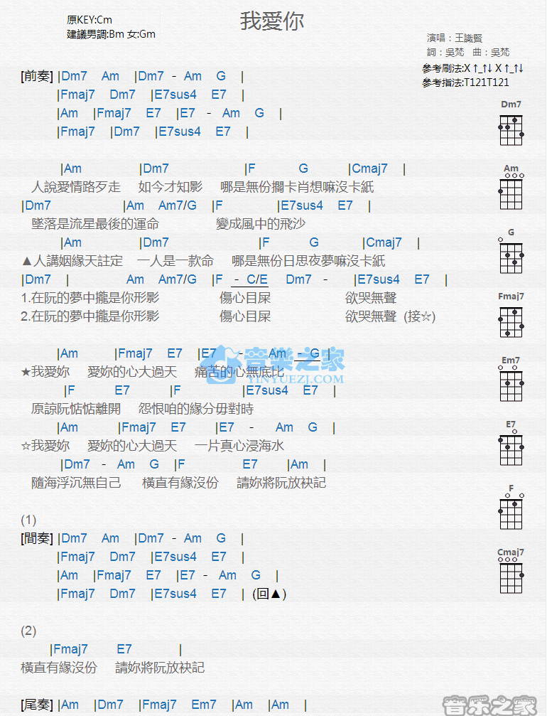 王识贤《我爱你》尤克里里弹唱谱-C大调音乐网