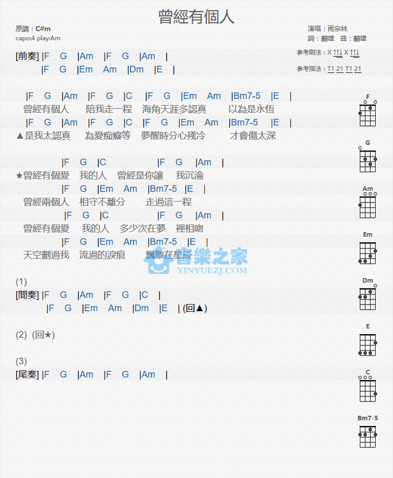 雨宗林《曾经有个人》尤克里里弹唱谱-C大调音乐网