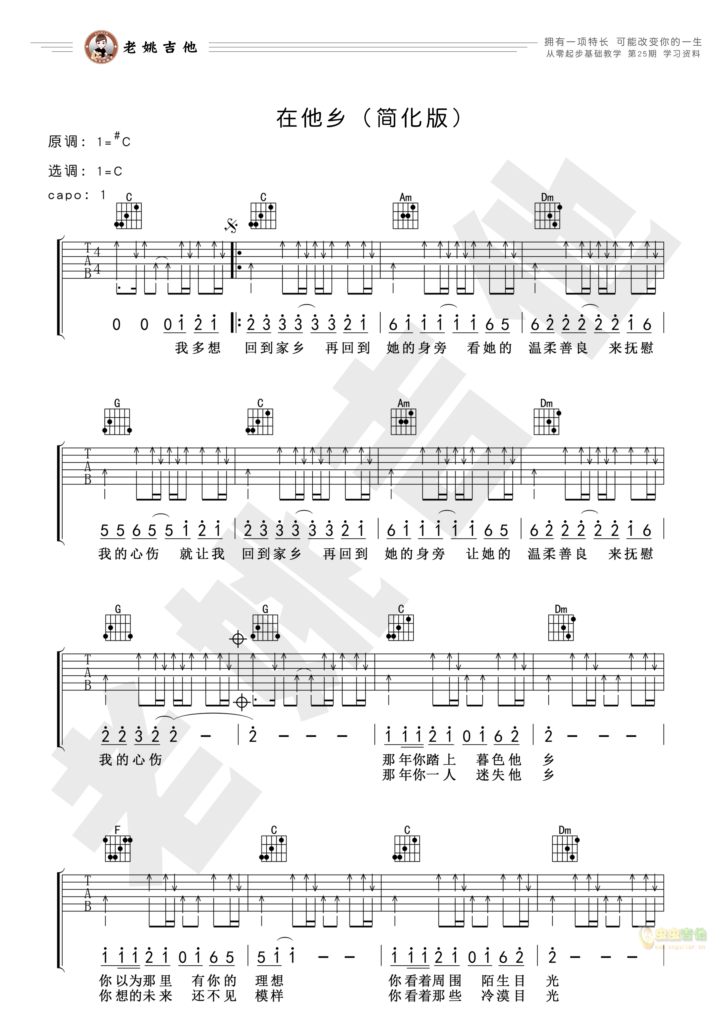 《在他乡》吉他谱 视频教学[老姚吉他]-C大调音乐网