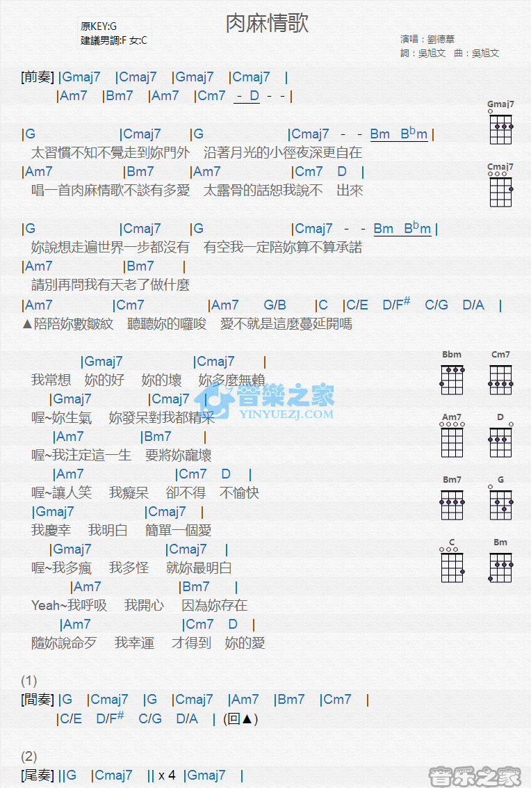 刘德华《肉麻情歌》尤克里里弹唱谱-C大调音乐网