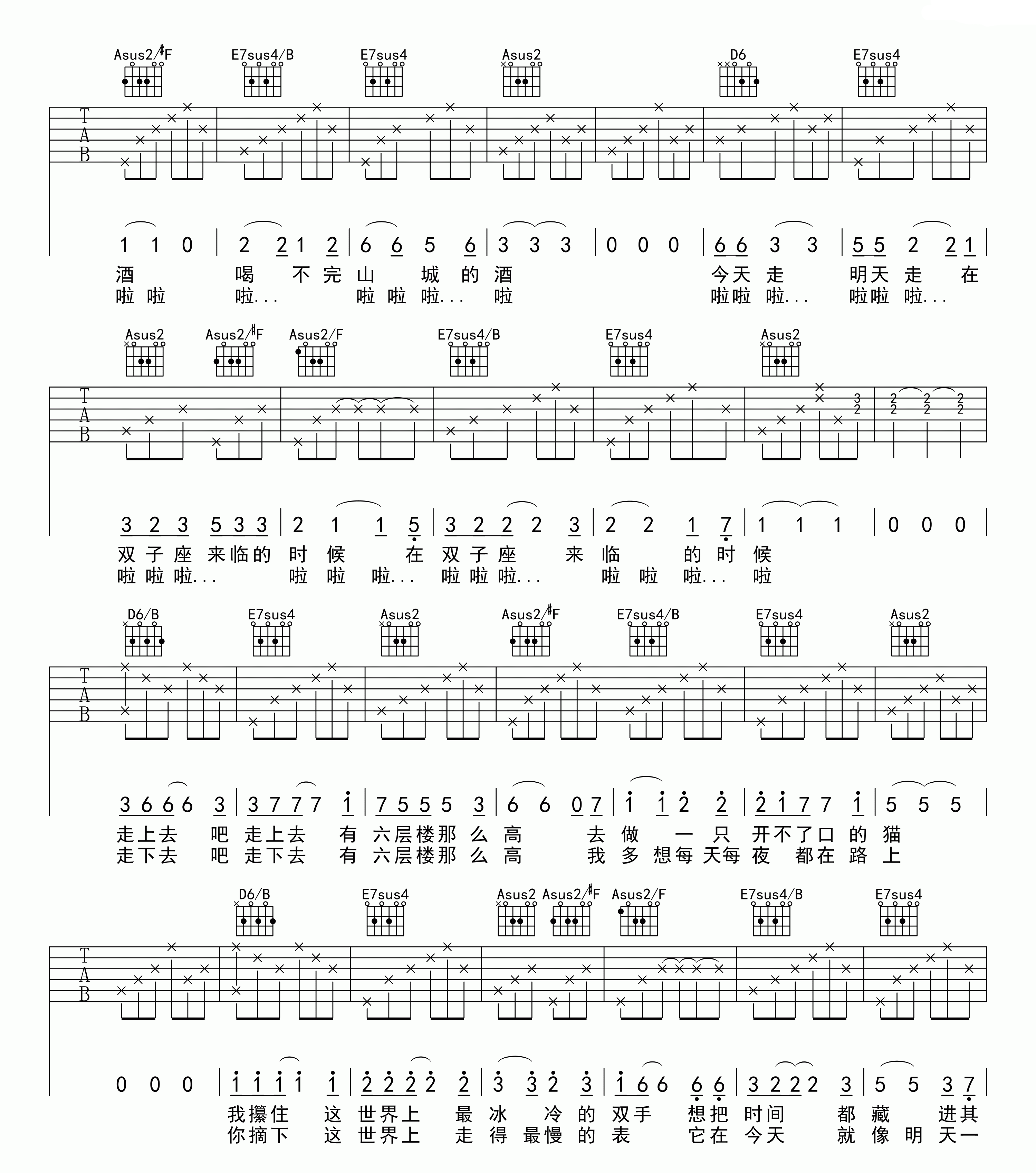 六层楼吉他谱_宋冬野_A调吉他弹唱谱完整版-C大调音乐网