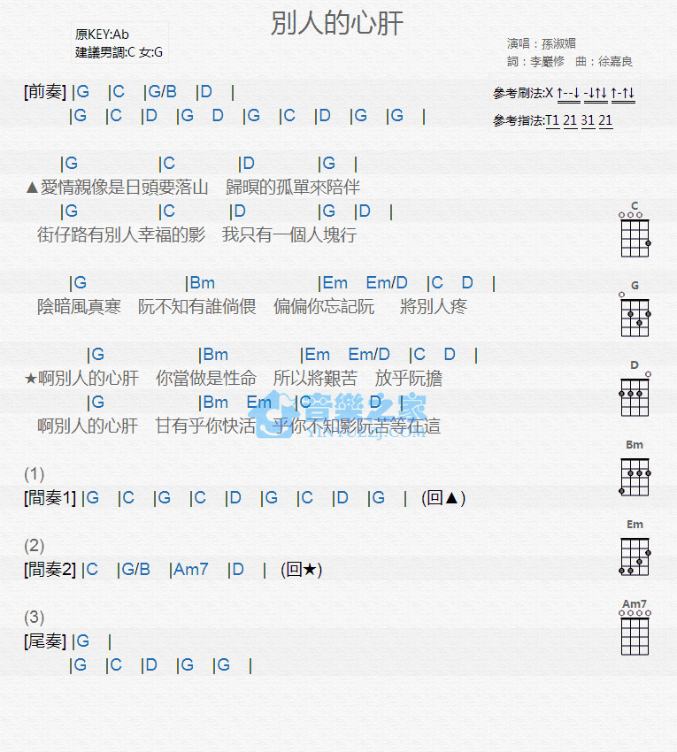 孙淑媚《别人的心肝》尤克里里弹唱谱-C大调音乐网