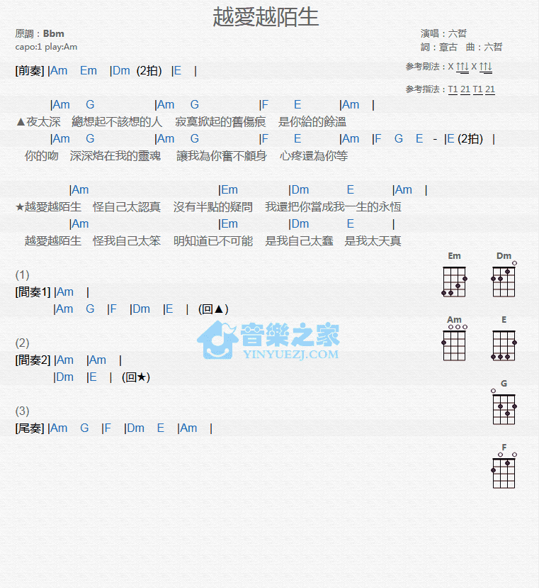 六哲《越爱越陌生》尤克里里弹唱谱-C大调音乐网