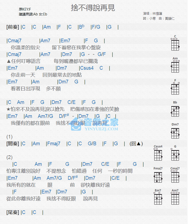 林忆莲《舍不得说再见》尤克里里弹唱谱-C大调音乐网