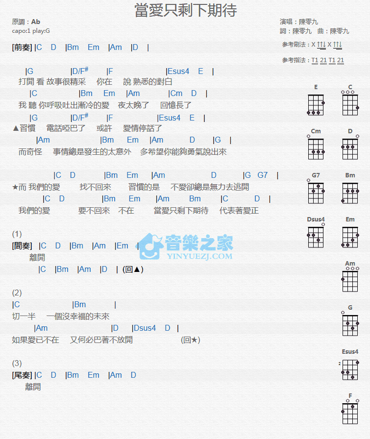 陈零九《当爱只剩下期待》尤克里里弹唱谱-C大调音乐网