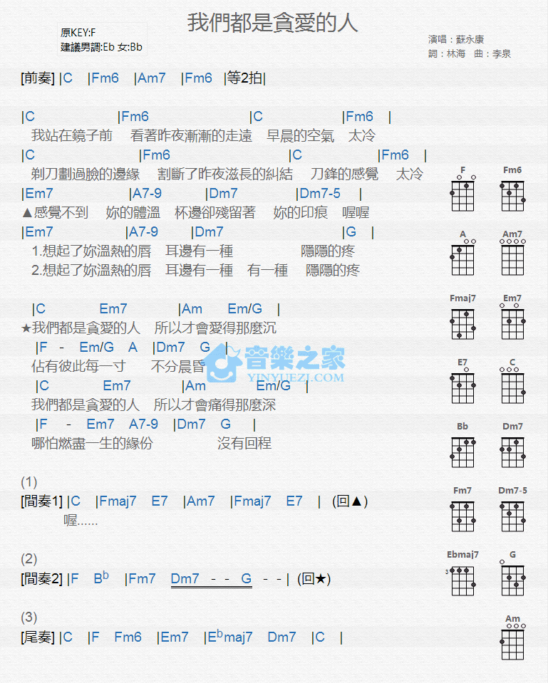 苏永康《我们都是贪爱的人》尤克里里弹唱谱-C大调音乐网