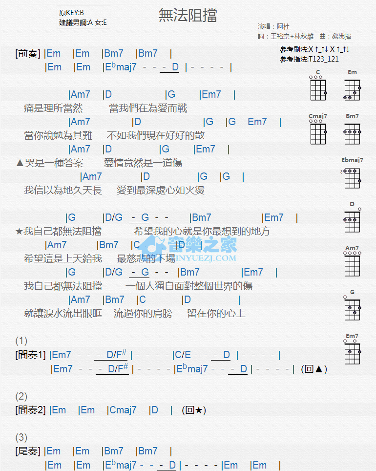 阿杜《无法阻挡》尤克里里弹唱谱-C大调音乐网