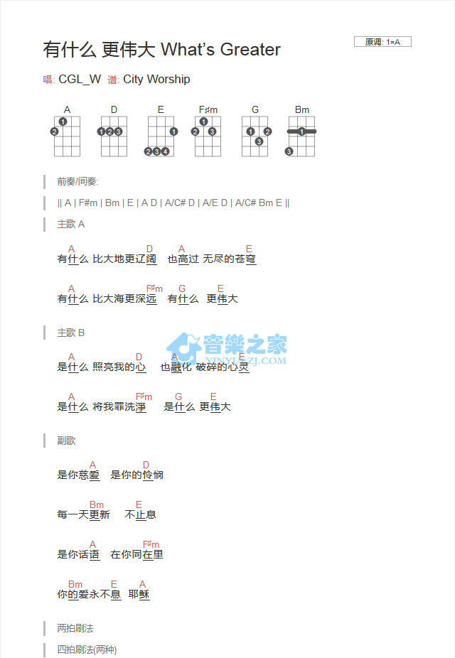 基督教歌曲《有什么更伟大Whats Greater》尤克里里弹唱谱-C大调音乐网