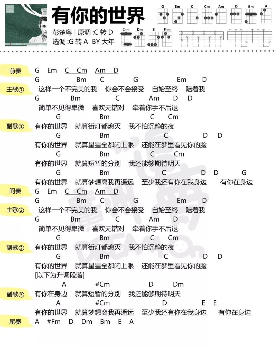 《有你的世界》尤克里里弹唱谱 彭楚粤 追梦音乐-C大调音乐网