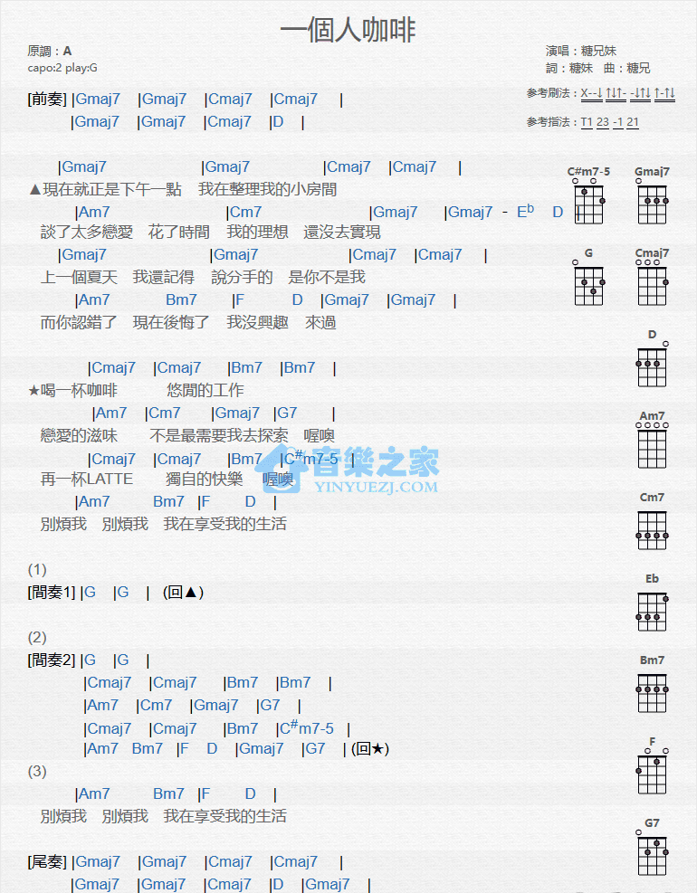 糖兄妹《一个人咖啡》尤克里里弹唱谱-C大调音乐网