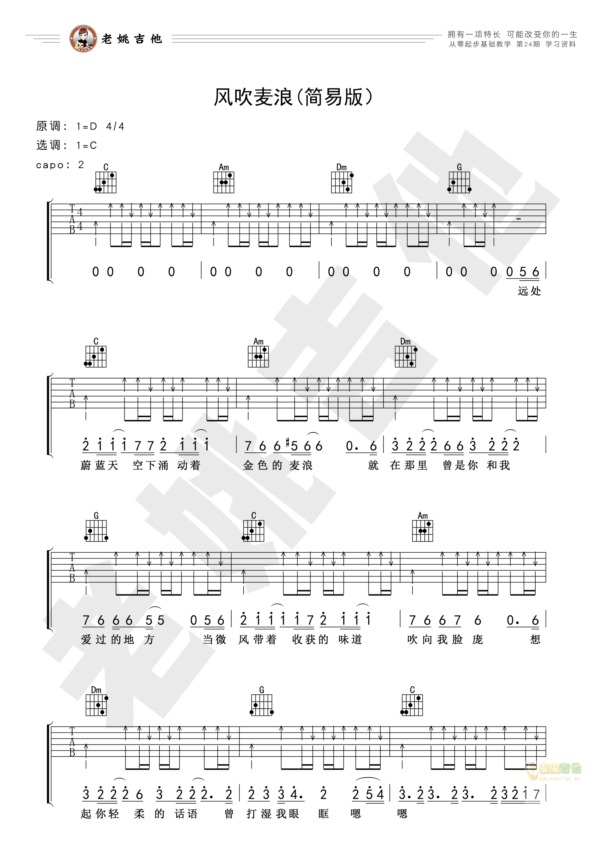 《风吹麦浪》简易版吉他谱 视频教学[老姚吉他...-C大调音乐网