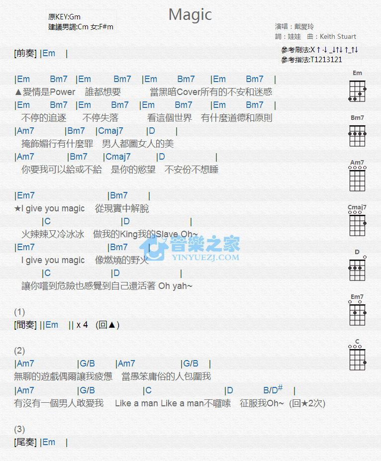 戴爱玲《Magic》尤克里里弹唱谱-C大调音乐网