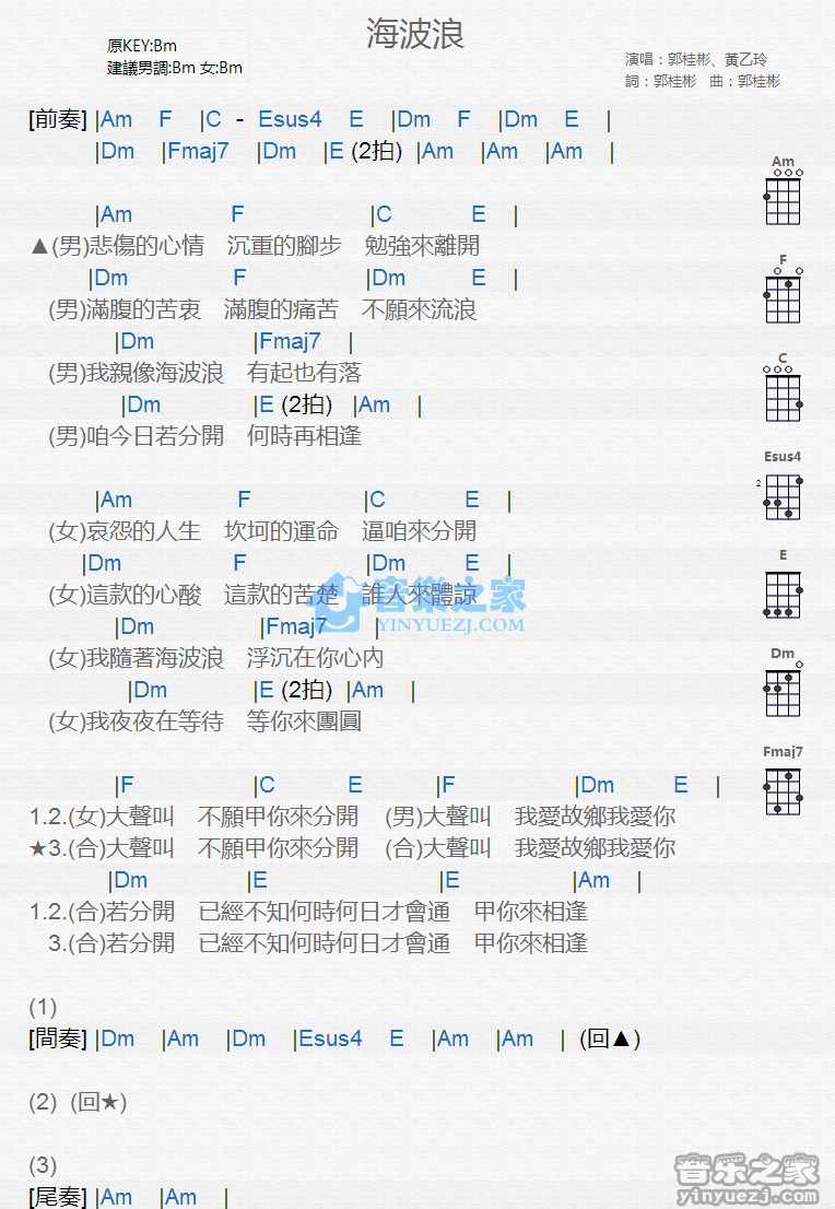 黄乙玲/郭桂彬《海波浪》尤克里里弹唱谱-C大调音乐网
