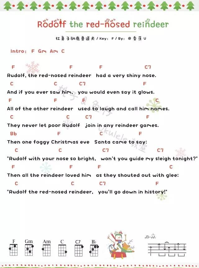 《Roudolf the red-nosed reindeer》Ukulele曲谱弹唱-C大调音乐网
