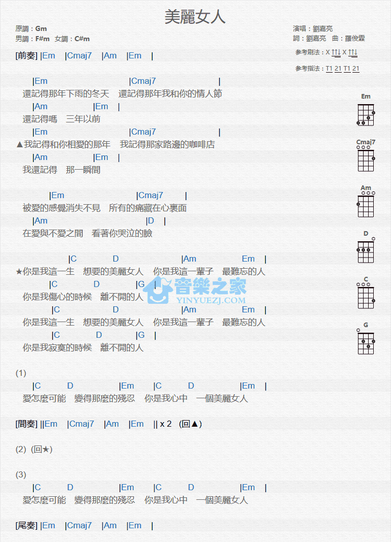 刘嘉亮《美丽女人》尤克里里弹唱谱-C大调音乐网