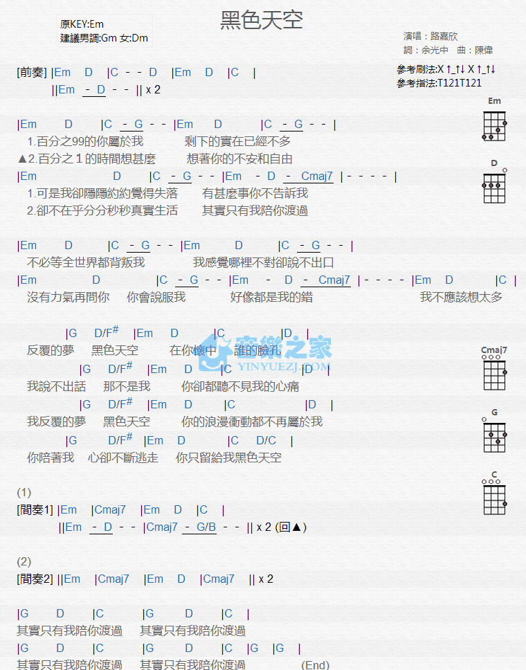 路嘉欣《黑色天空》尤克里里弹唱谱-C大调音乐网