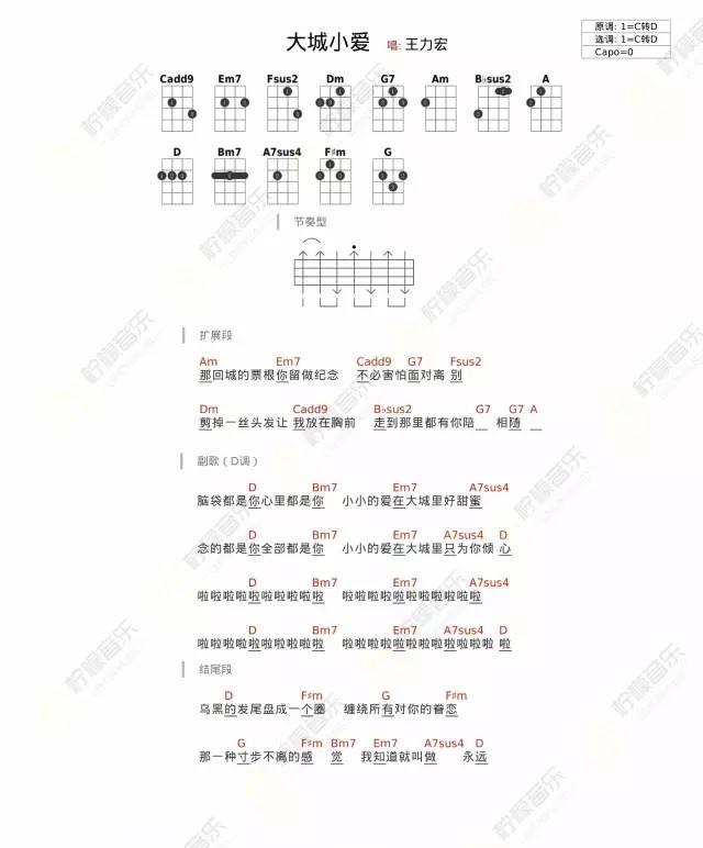 《大城小爱》Ukulele曲谱弹唱教学（王力宏）柠檬音乐-C大调音乐网