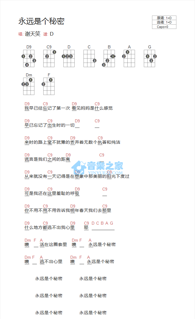 谢天笑《永远是个秘密》尤克里里弹唱谱-C大调音乐网