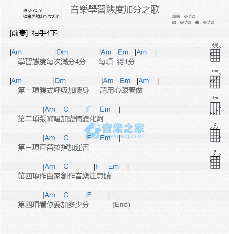 廖明玲《音乐学习态度加分之歌》尤克里里弹唱谱-C大调音乐网