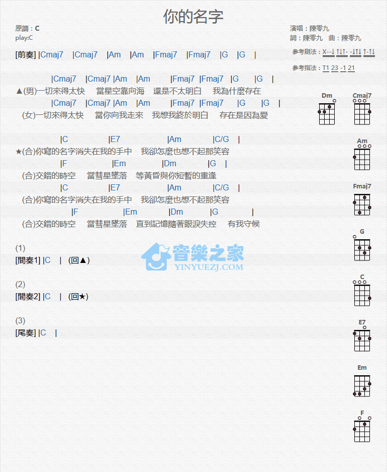 陈零九《你的名字》尤克里里弹唱谱-C大调音乐网