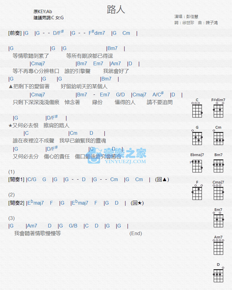 彭佳慧《路人》尤克里里弹唱谱-C大调音乐网