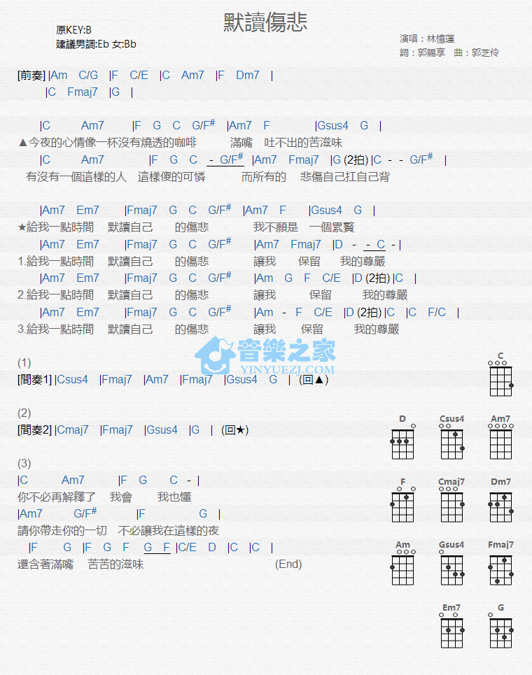 林忆莲《默读伤悲》尤克里里弹唱谱-C大调音乐网