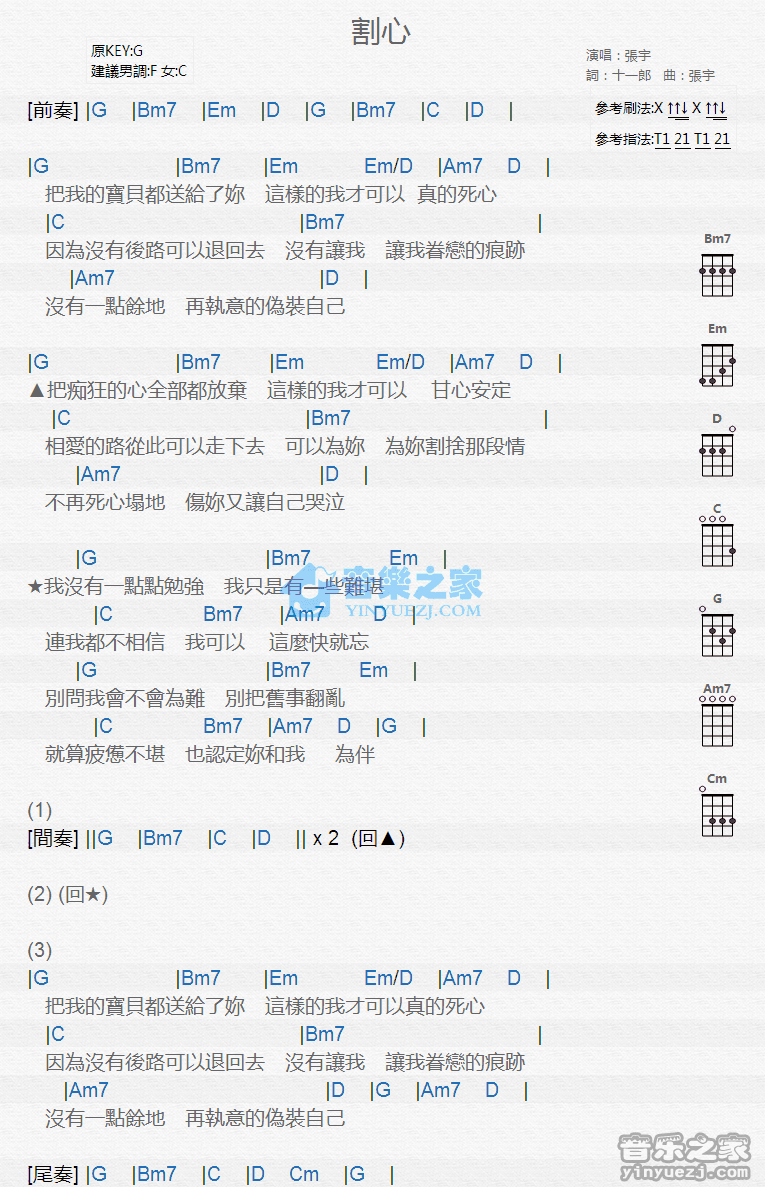 张宇《割心》尤克里里弹唱谱-C大调音乐网