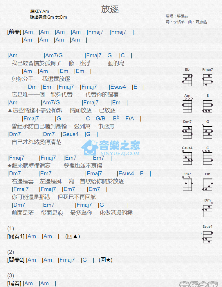 张学友《放逐》尤克里里弹唱谱-C大调音乐网