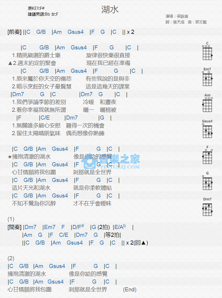 梁咏琪《湖水》尤克里里弹唱谱-C大调音乐网