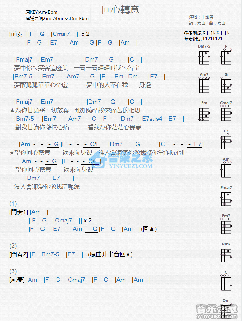 王识贤《回心转意》尤克里里弹唱谱-C大调音乐网