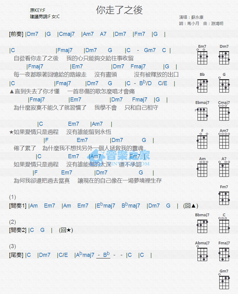 苏永康《你走了之后》尤克里里弹唱谱-C大调音乐网