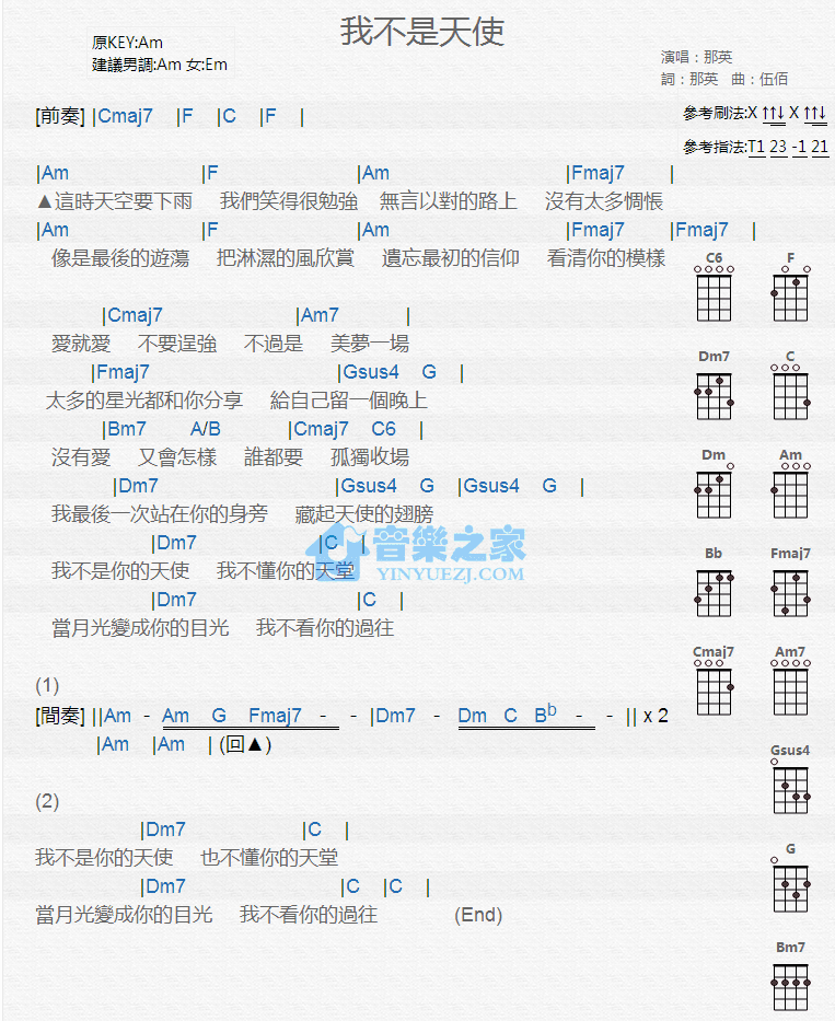 那英《我不是天使》尤克里里弹唱谱-C大调音乐网