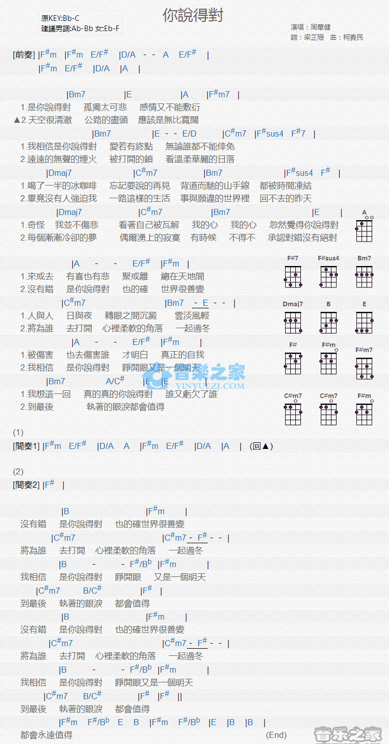 周华健《你说得对》尤克里里弹唱谱-C大调音乐网