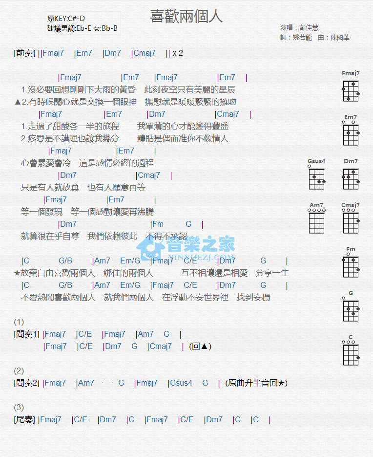 彭佳慧《喜欢两个人》尤克里里弹唱谱-C大调音乐网
