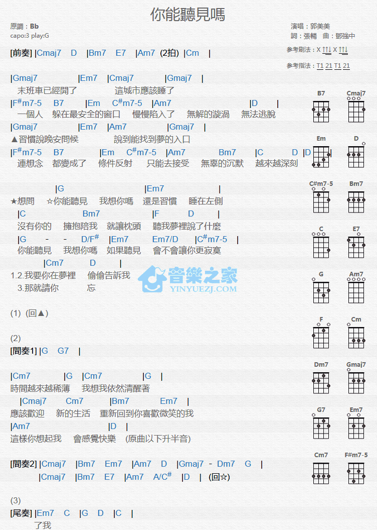 郭美美《你能听见吗》尤克里里弹唱谱-C大调音乐网