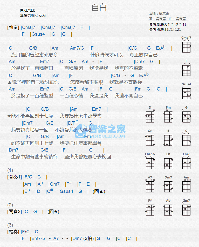 吴宗宪《自白》尤克里里弹唱谱-C大调音乐网