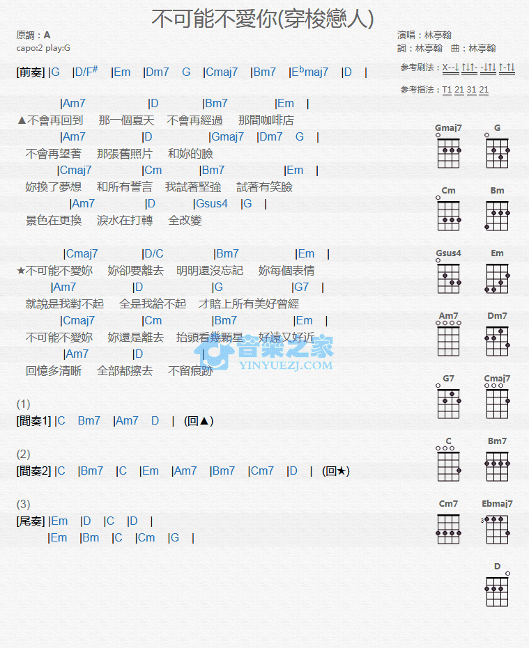 林亭翰《不可能不爱你》尤克里里弹唱谱-C大调音乐网