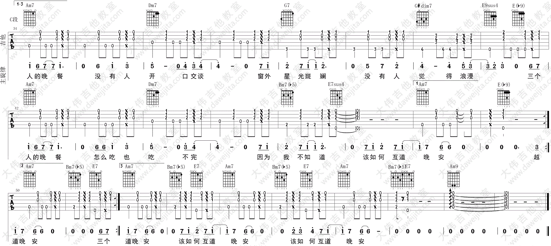 三个人的晚餐吉他谱_王若琳_图片谱标准版-C大调音乐网