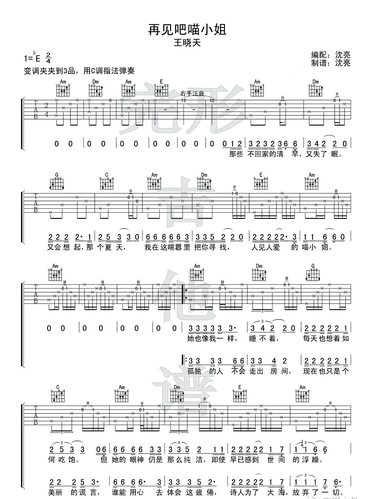 再见吧喵小姐吉他谱_王晓天_图片谱标准版-C大调音乐网