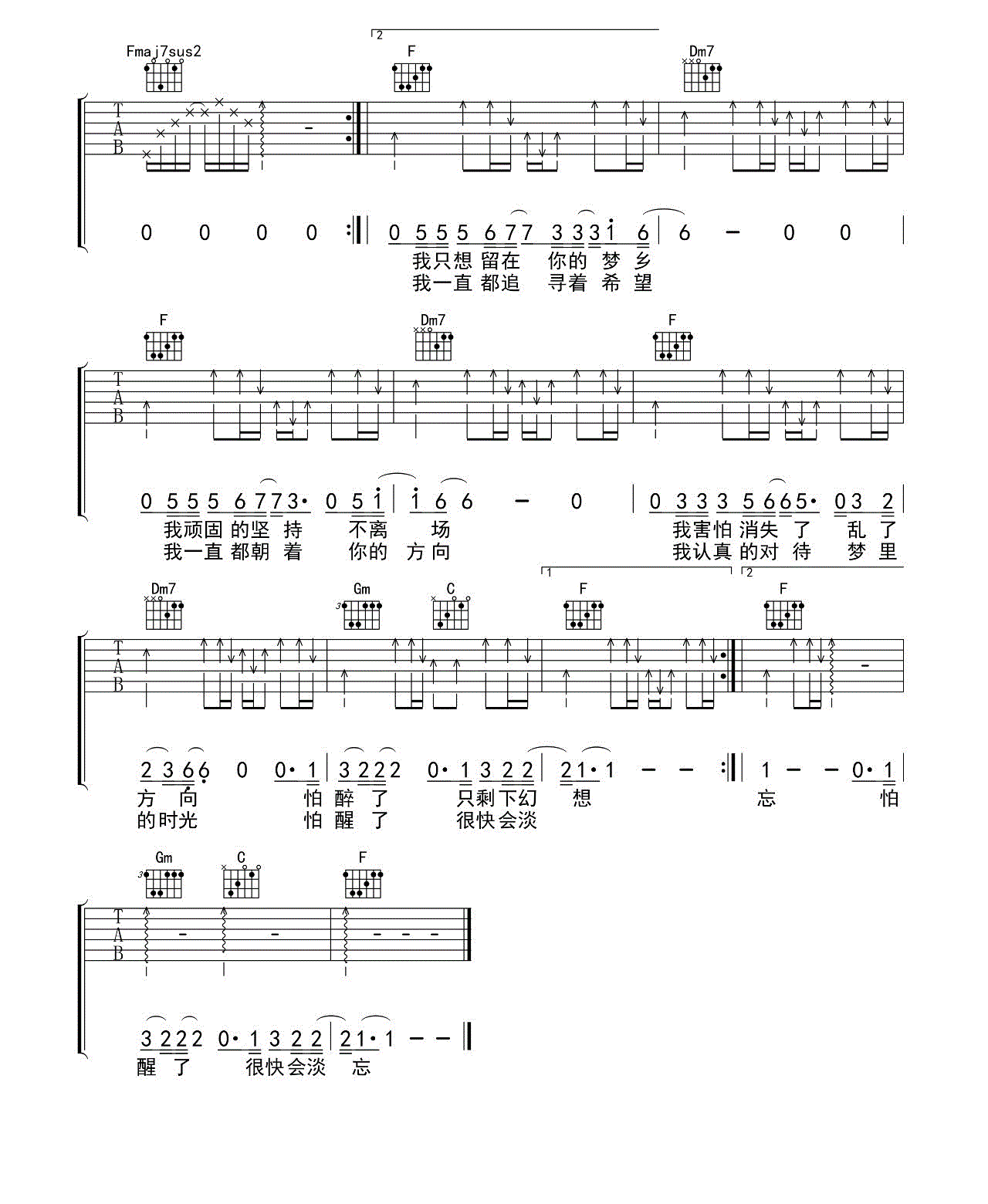 路远吉他谱_张磊_F调六线谱完整版-C大调音乐网