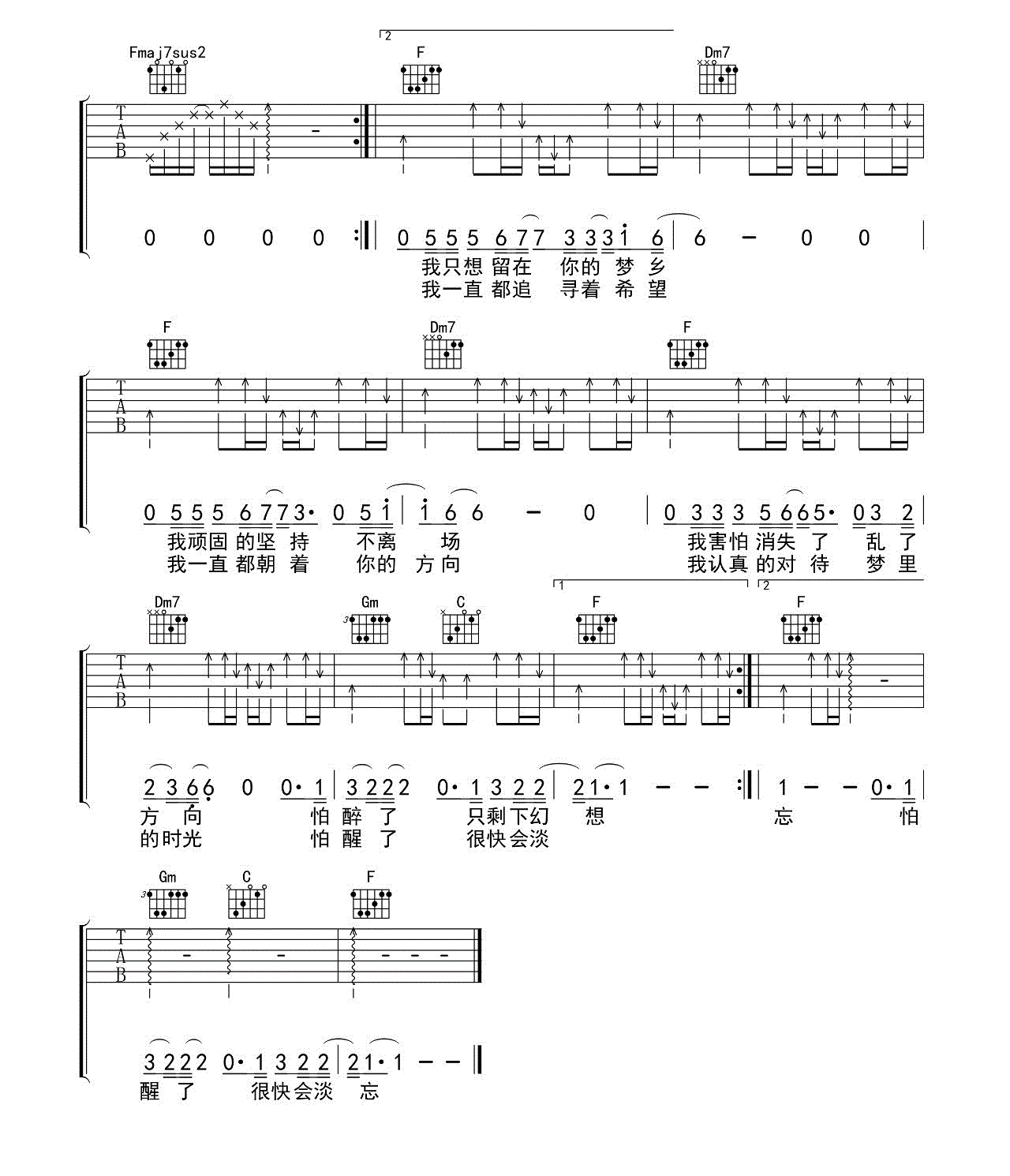 路远吉他谱_张磊_F调六线谱完整版-C大调音乐网