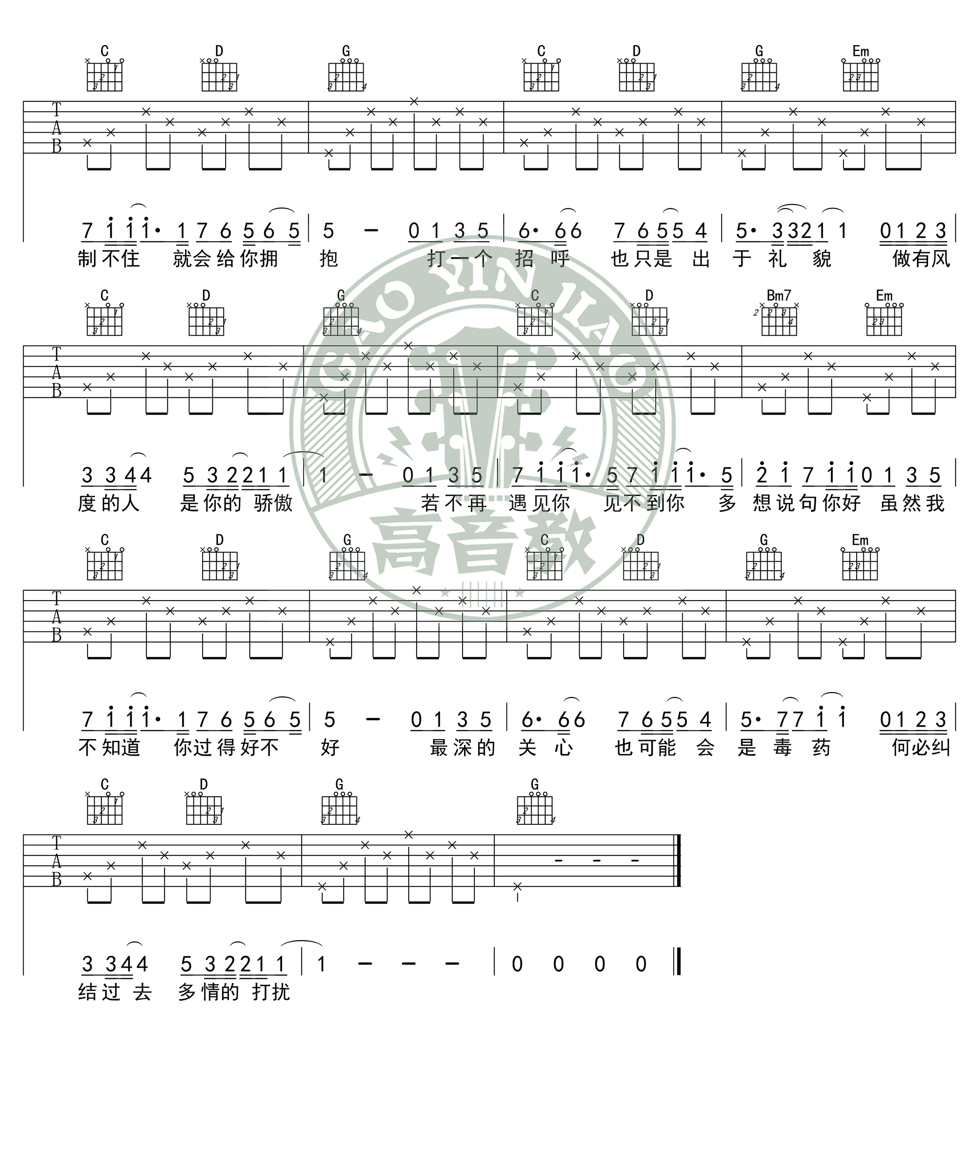 请先说你好吉他谱_贺一航_G调入门版-C大调音乐网