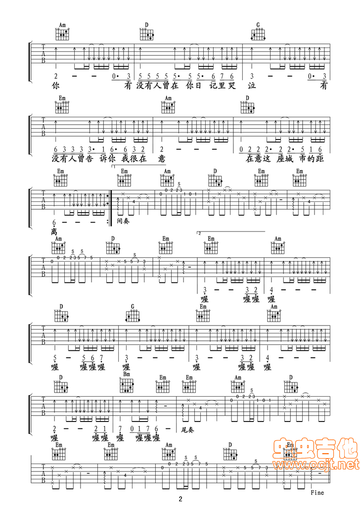有没有人告诉你吉他谱_陈楚生_图片谱完整版-C大调音乐网
