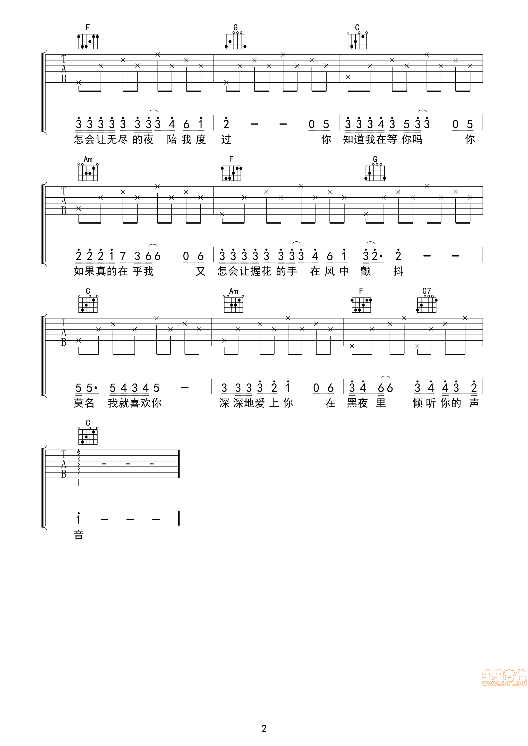 你知道我在等你吗吉他谱_张洪量_图片谱标准版-C大调音乐网