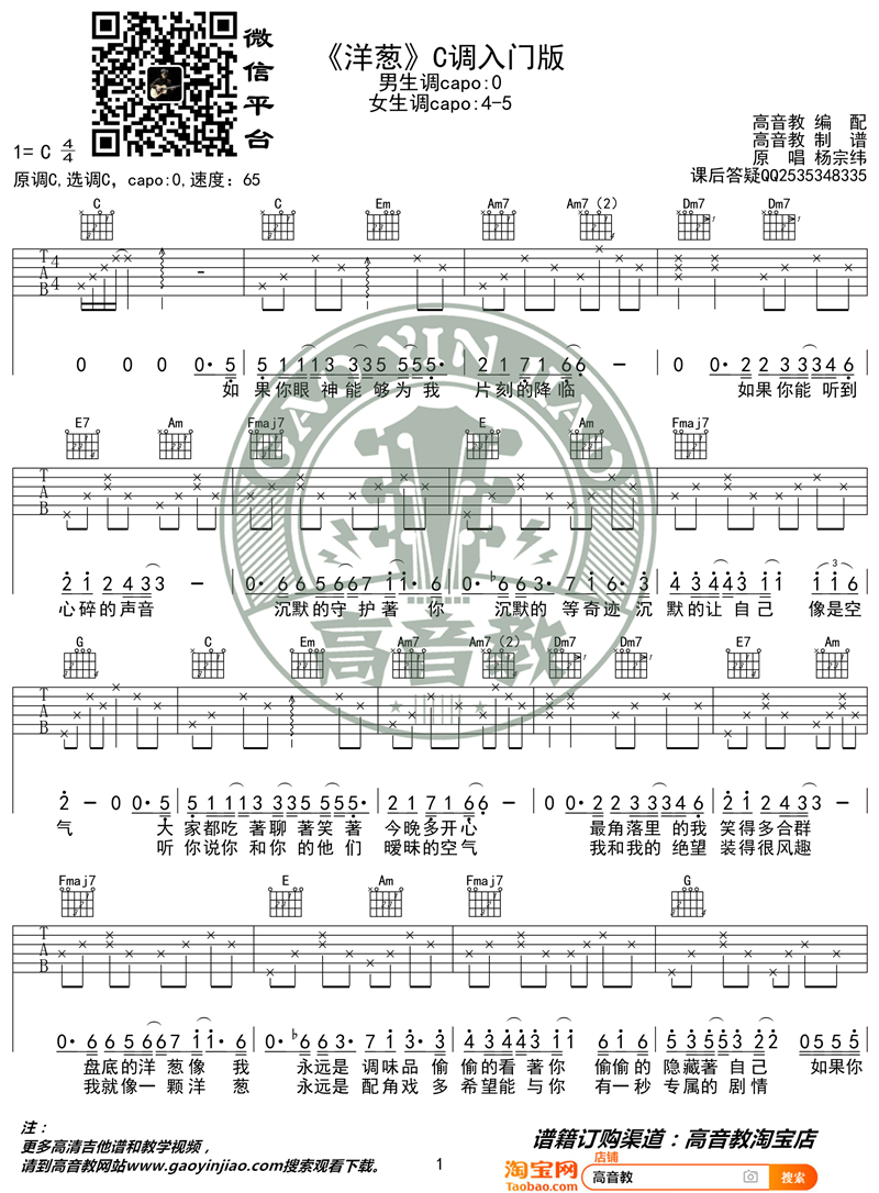 《洋葱 C调入门版 猴哥吉他教学》吉他谱-C大调音乐网